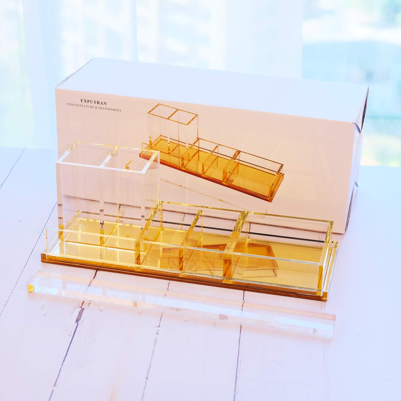 EXPUTRAN Acrylic Desk Organizer 4-Piece Desk Kit + Free Complimentary Acrylic Ruler, Desktop Organization for Office or Home (Gold)