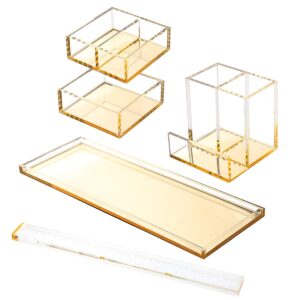 EXPUTRAN Acrylic Desk Organizer 4-Piece Desk Kit + Free Complimentary Acrylic Ruler, Desktop Organization for Office or Home (Gold)