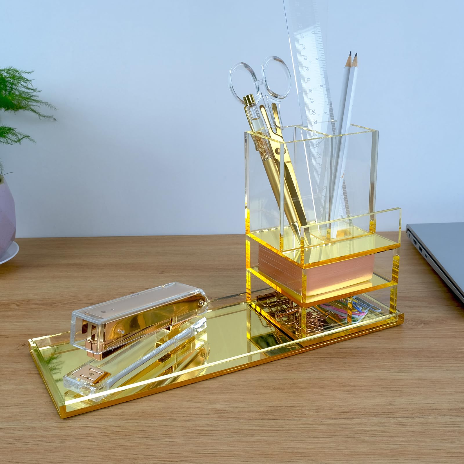 EXPUTRAN Acrylic Desk Organizer 4-Piece Desk Kit + Free Complimentary Acrylic Ruler, Desktop Organization for Office or Home (Gold)
