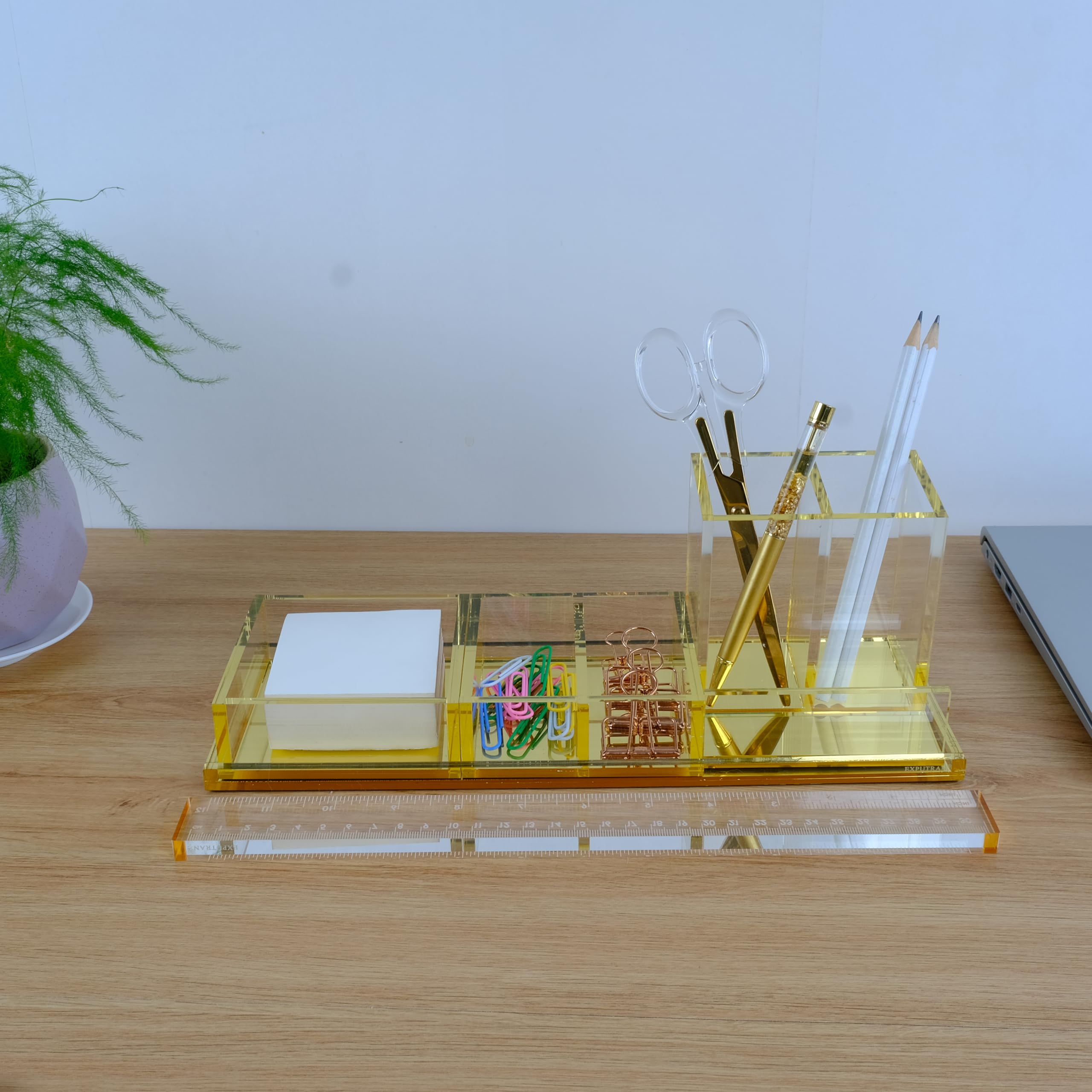 EXPUTRAN Acrylic Desk Organizer 4-Piece Desk Kit + Free Complimentary Acrylic Ruler, Desktop Organization for Office or Home (Gold)