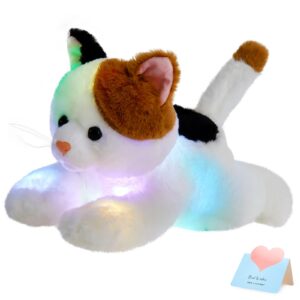 glow guards light up calico cat stuffed animal led soft kitty plush toy pillow with night lights lullaby birthday children's day gifts for toddler kids, 15''