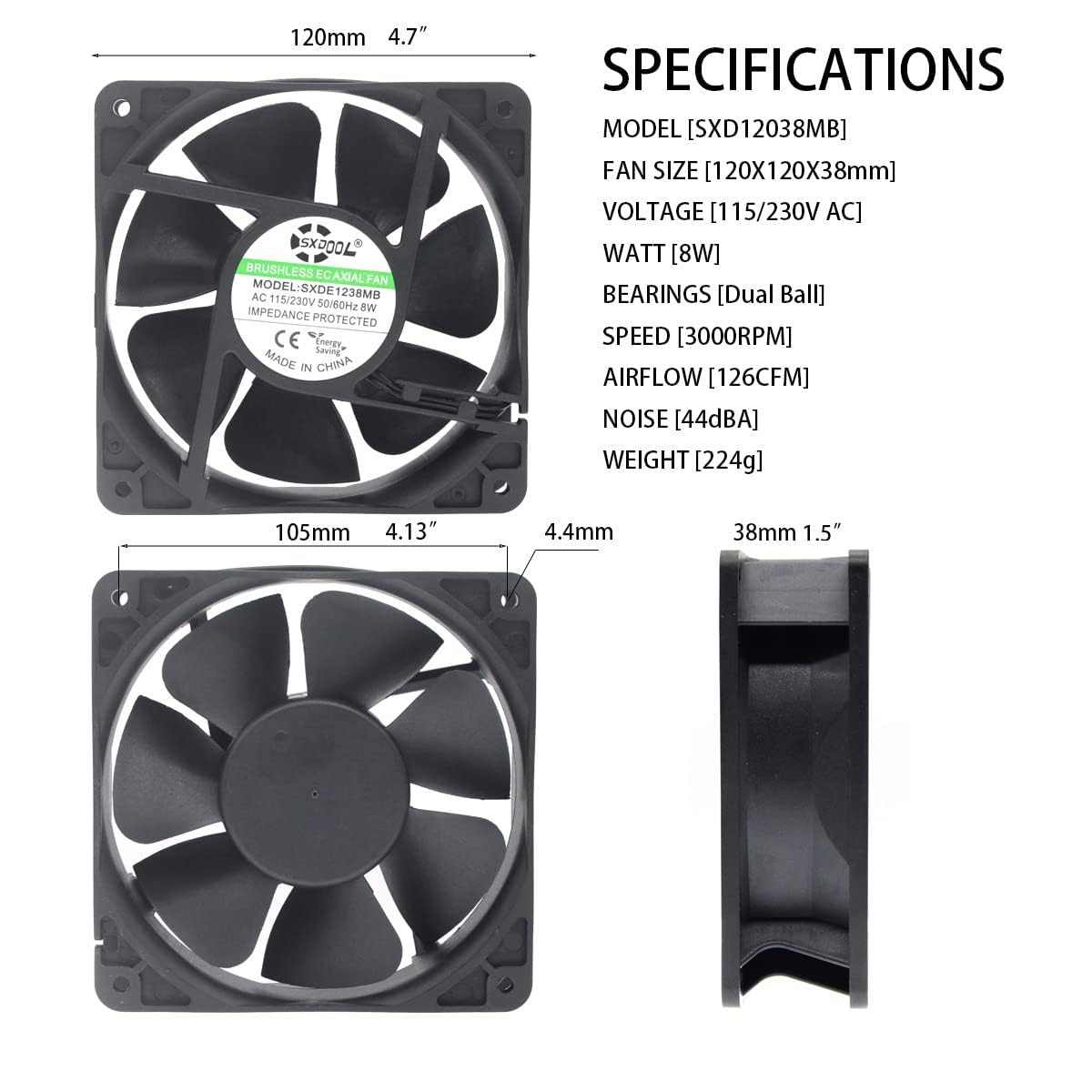 SXDOOL EC Motor Cooling Fan, 120mm Fan, 120mm 38mm AC 110V 115V 120V 220V 240V, Dual Ball Bearing 3000RPM Powerful
