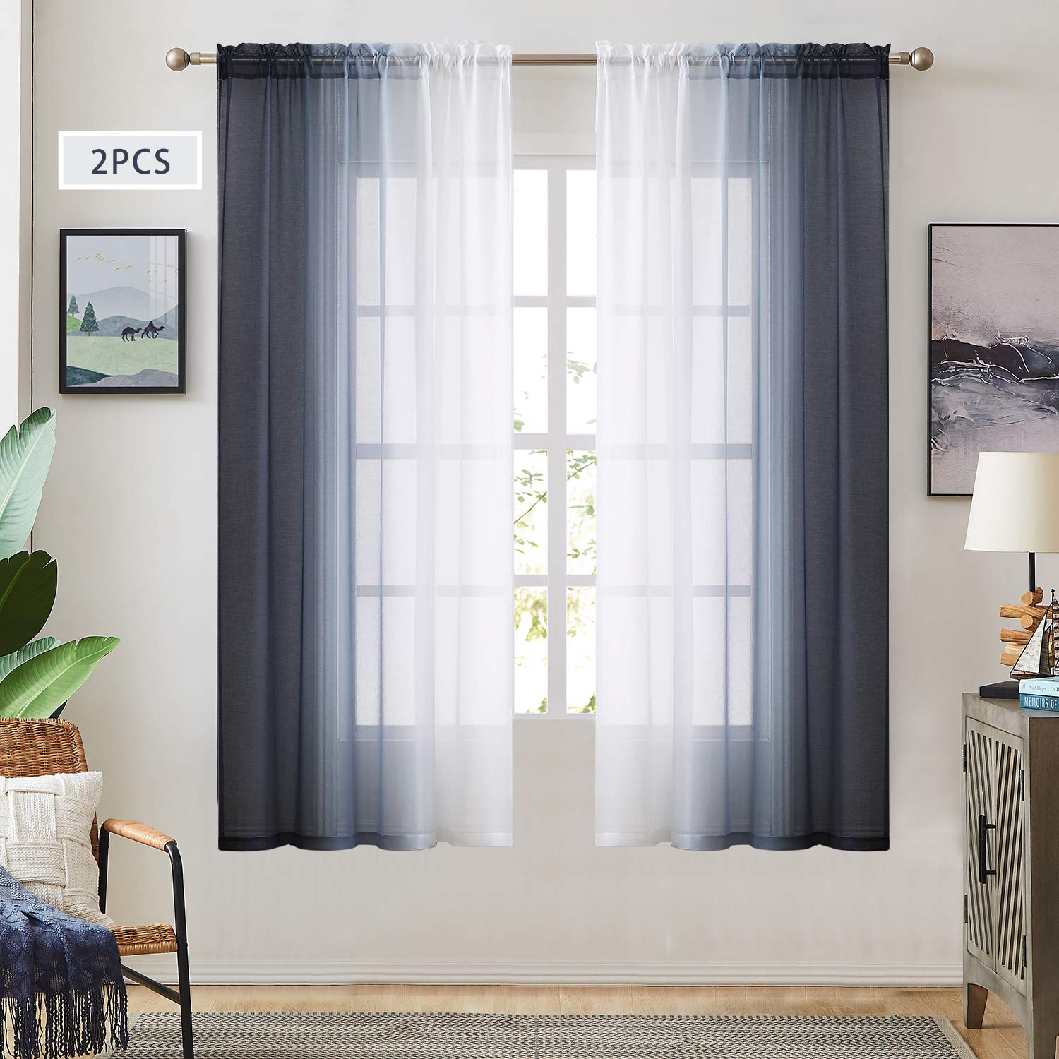 Dark Grey Ombre Faux Linen Sheer Curtains for Bedroom Living Room Rod Pocket, 2 Tone Reversible Gradient Voile Semi Window Curtains,Privacy and Light Filtering, Set of 2 Panels, 54 x 63 Inch Length