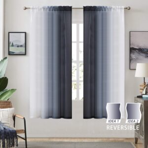 Dark Grey Ombre Faux Linen Sheer Curtains for Bedroom Living Room Rod Pocket, 2 Tone Reversible Gradient Voile Semi Window Curtains,Privacy and Light Filtering, Set of 2 Panels, 54 x 63 Inch Length