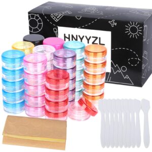 hnyyzl 50 pack sample container, 5g empty cosmetic containers plastic travel pot jar for liquid lotion cream sample make-up storage(10 colors, 5ml), come with 10pcs mini spatulas and 50pcs labels