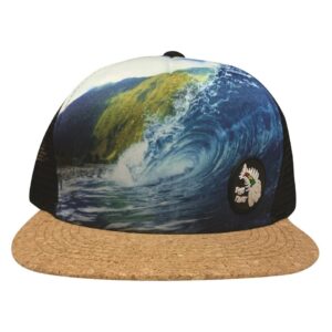 blue planet surf molokai wave cap | mesh back trucker hat with adjustable snap back and flat bill (cork bill, l/xl)
