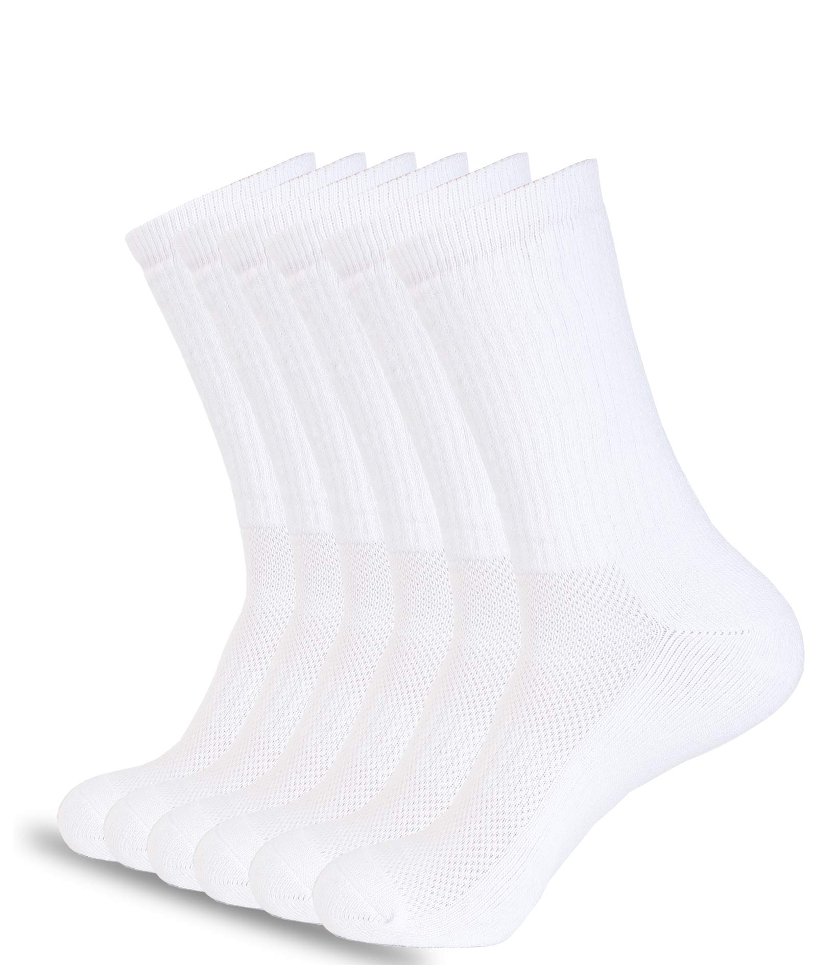 1SOCK2SOCK 6 Pack Performance Cotton Cushion Crew Athletic Sport Socks Moisture Wicking Arch Support Band White