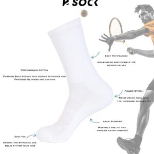 1SOCK2SOCK 6 Pack Performance Cotton Cushion Crew Athletic Sport Socks Moisture Wicking Arch Support Band White