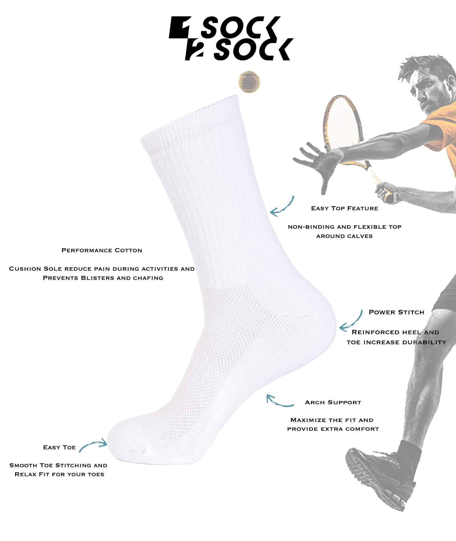 1SOCK2SOCK 6 Pack Performance Cotton Cushion Crew Athletic Sport Socks Moisture Wicking Arch Support Band White