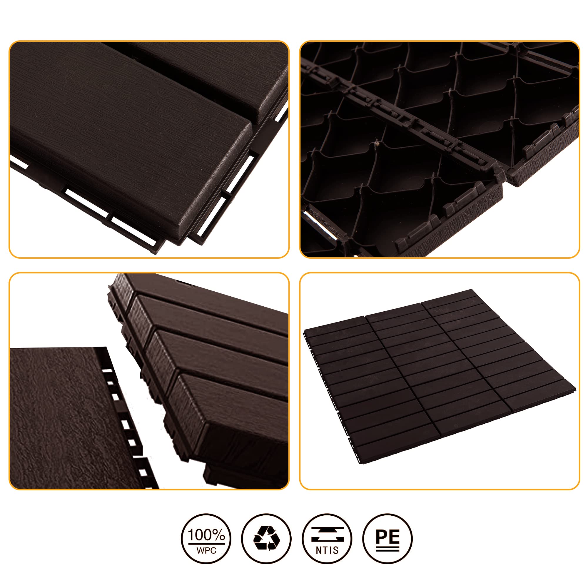 ASTEROUTDOOR Interlocking Deck Tiles Plastic Waterproof Outdoor Flooring 12" x 12" for Patio Garden Deck Poolside Indoor Outdoor, 27 pcs, Brown