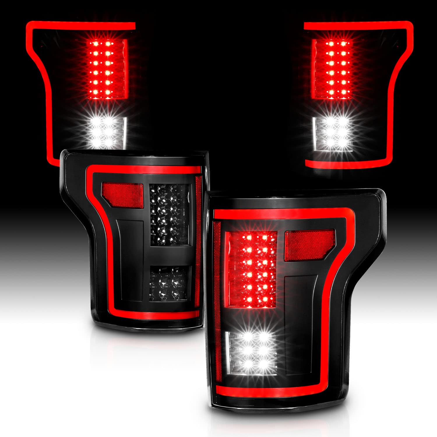 AmeriLite [Full LED Red Tube Smooth Lens Sequential Signal Black Taillights Pair for 2015-2017 Ford F150 Pickup - Passenger and Driver Side