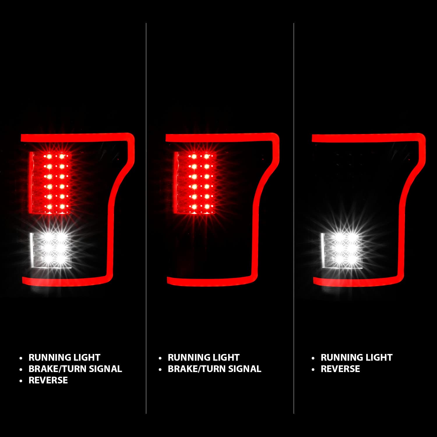 AmeriLite [Full LED Red Tube Smooth Lens Sequential Signal Black Taillights Pair for 2015-2017 Ford F150 Pickup - Passenger and Driver Side