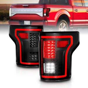 AmeriLite [Full LED Red Tube Smooth Lens Sequential Signal Black Taillights Pair for 2015-2017 Ford F150 Pickup - Passenger and Driver Side