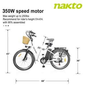 NAKTO 350W Electric Bike 26" Commuting E-Bike 6 Speed Electric Bikes for Adults City Ebike for Women High Speed Electric Bikes with 36V 10.8AH/12AH Removable Battery,Front Suspension Fork and Lock