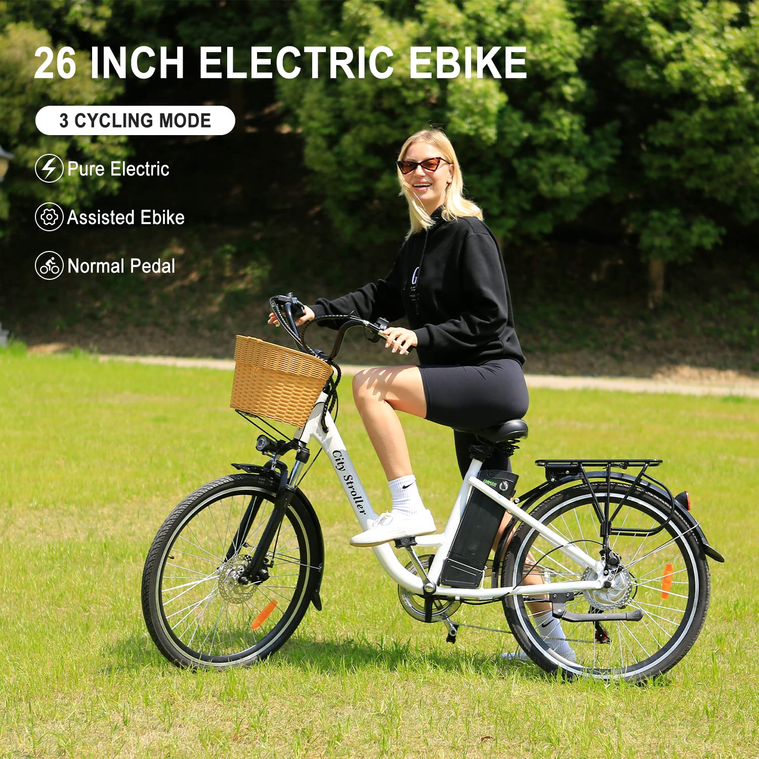 NAKTO 350W Electric Bike 26" Commuting E-Bike 6 Speed Electric Bikes for Adults City Ebike for Women High Speed Electric Bikes with 36V 10.8AH/12AH Removable Battery,Front Suspension Fork and Lock
