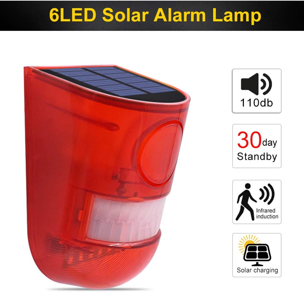 Solar Powered + DC Charge Sound Alarm Strobe Light Flashing 6LED Light Motion Sensor Security Alarm System 110dB Loud Siren for Home Villa Farm Hacienda Apartment Outdoor Yard Day Mode + Night Mode