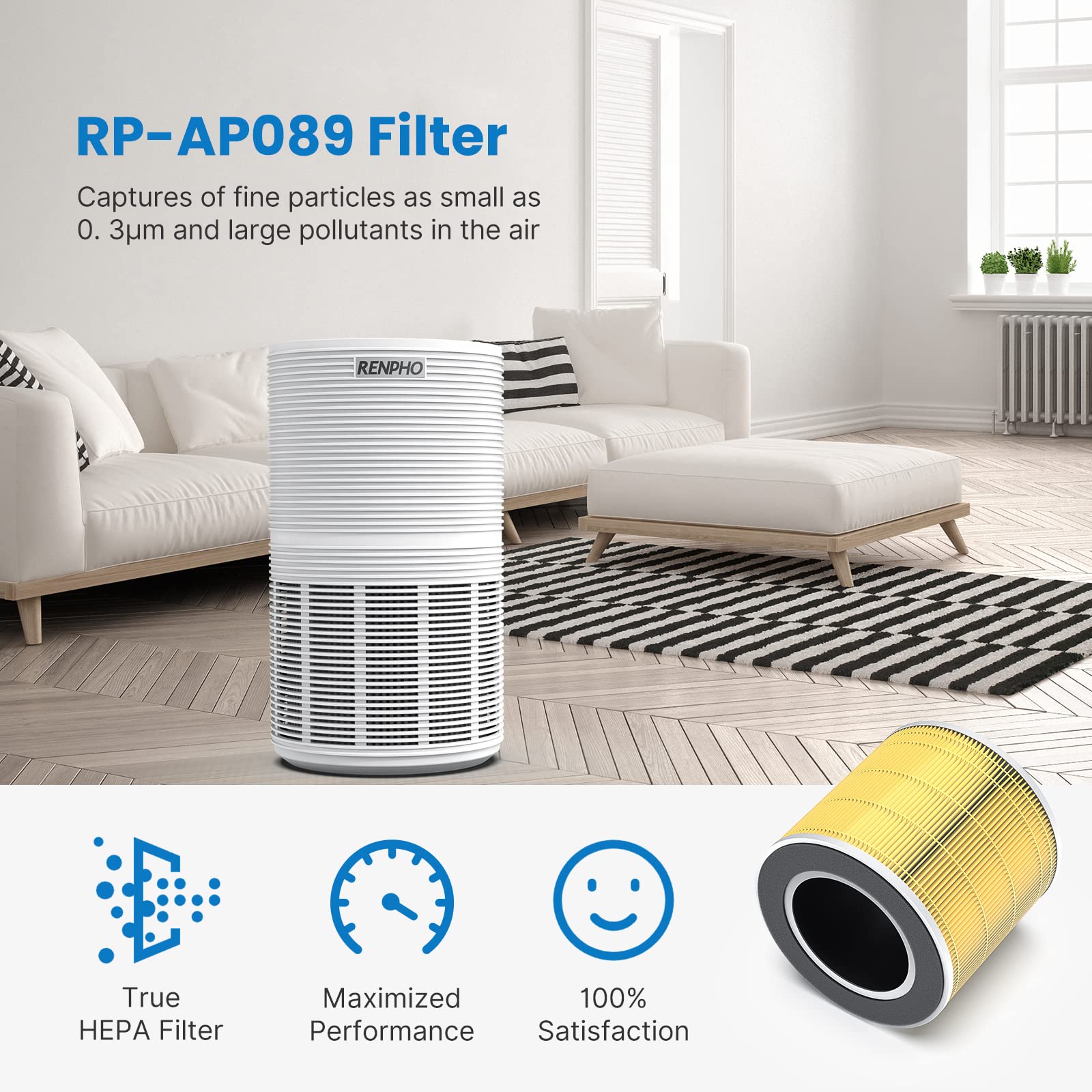 【Official Authentic】 RENPHO True HEPA Replacement Filter for RP-AP089W/RP-AP089B, 5-Stage Filtration System, Air Quality Monitor, Smart Auto Mode, for improving Moist Conditions, RP-AP089-F2