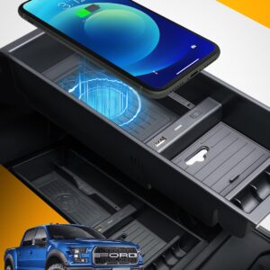 CarQiWireless Wireless Charger for F150 2009-2023 2024, Center Console Organizer Box for Ford F150 Accessories F-150 2009 2010 2011 2012 2013 2014 2015 2016 2017 2018 2019 2020 2021 2022 2023 2024