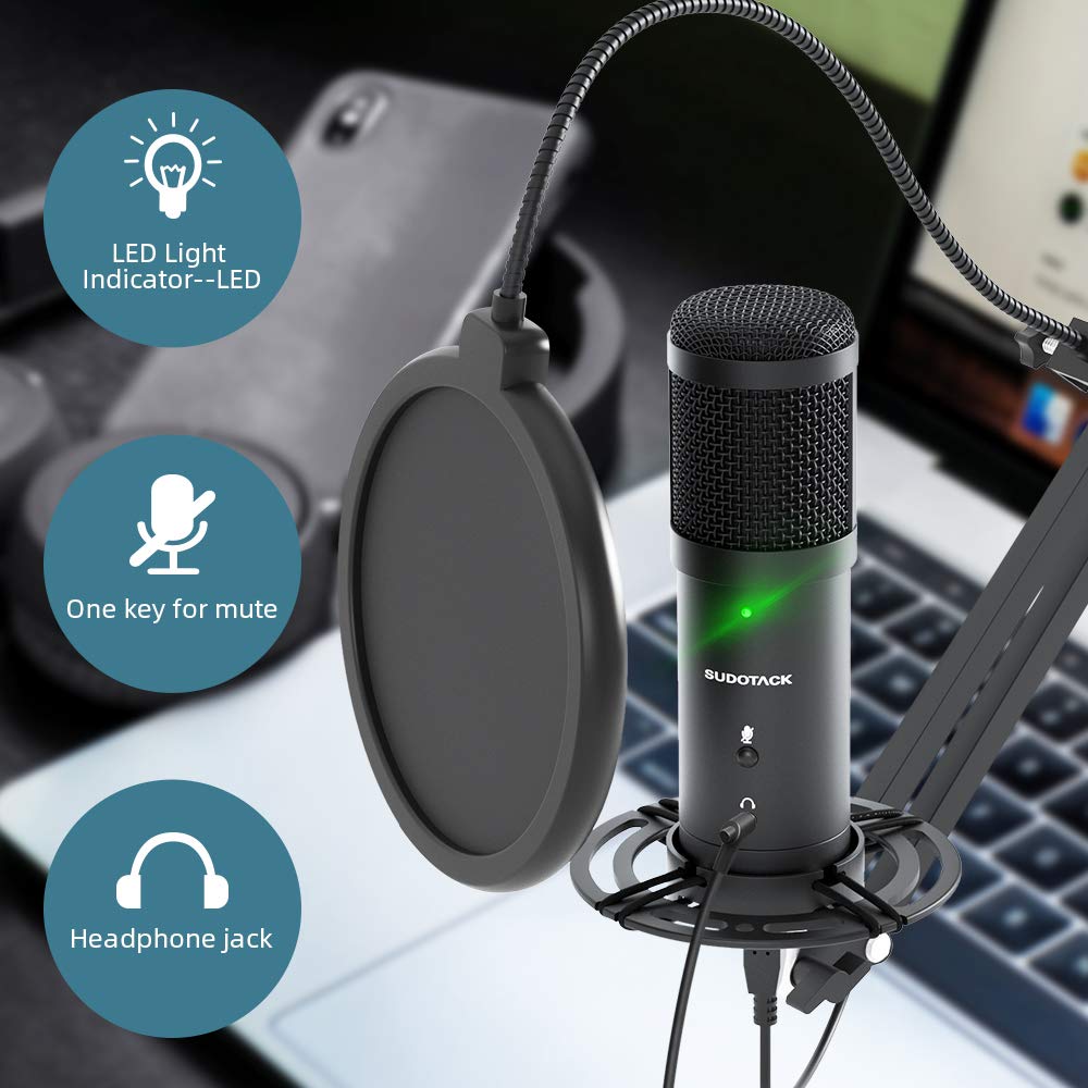 SUDOTACK USB Streaming PC Microphone, Zero-Latency Monitoring Professional 192kHz/24Bit Studio Cardioid Condenser Mic Kit with Mute Button, for Podcasting,Gaming,Home Recording,YouTube