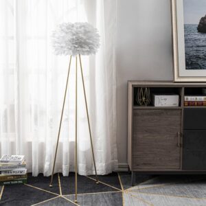 Maxax Feather Floor Lamp, Tripod Floor Lamp with White Feather Shade, Standing Light for Bedrooms/Dining Room/Living Room/Kitchen, Gold Classic