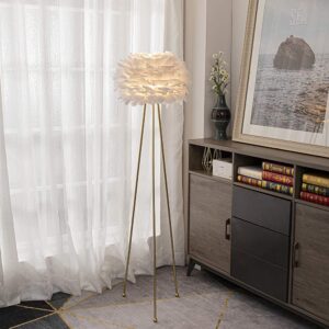 Maxax Feather Floor Lamp, Tripod Floor Lamp with White Feather Shade, Standing Light for Bedrooms/Dining Room/Living Room/Kitchen, Gold Classic