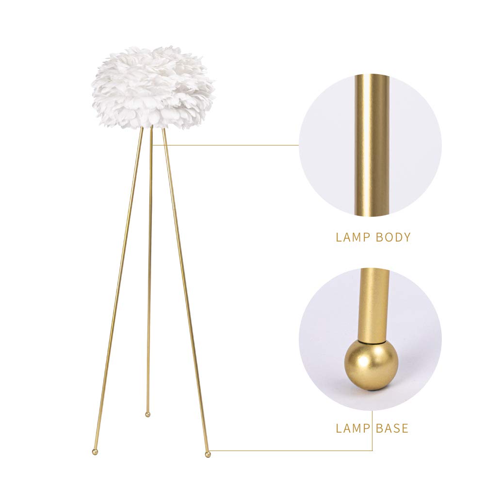 Maxax Feather Floor Lamp, Tripod Floor Lamp with White Feather Shade, Standing Light for Bedrooms/Dining Room/Living Room/Kitchen, Gold Classic