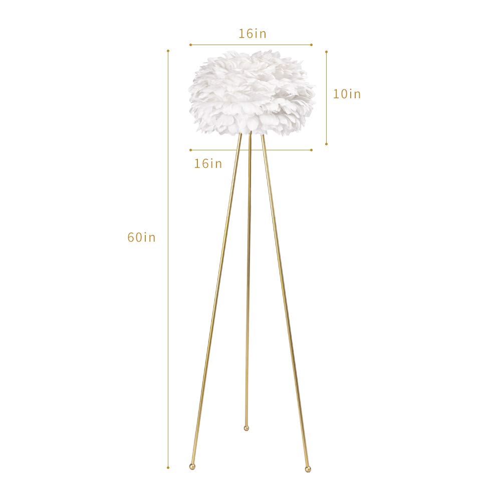 Maxax Feather Floor Lamp, Tripod Floor Lamp with White Feather Shade, Standing Light for Bedrooms/Dining Room/Living Room/Kitchen, Gold Classic