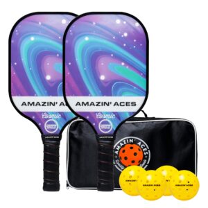 amazin' aces cosmic pickleball paddles set of 2, pickleball rackets w/ 4 pickleball outdoor balls & 1 pickleball bag, for sports & outdoors fun, usapa approved
