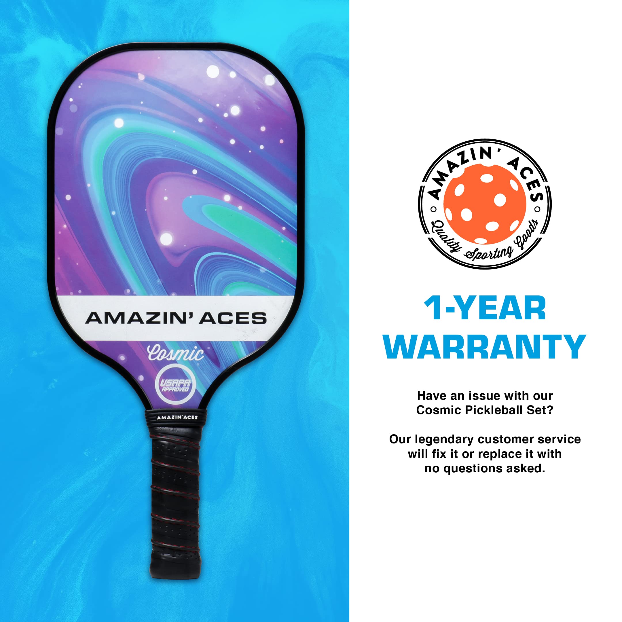 Amazin' Aces Cosmic Pickleball Paddles Set of 2, Pickleball Rackets w/ 4 Pickleball Outdoor Balls & 1 Pickleball Bag, for Sports & Outdoors Fun, USAPA Approved