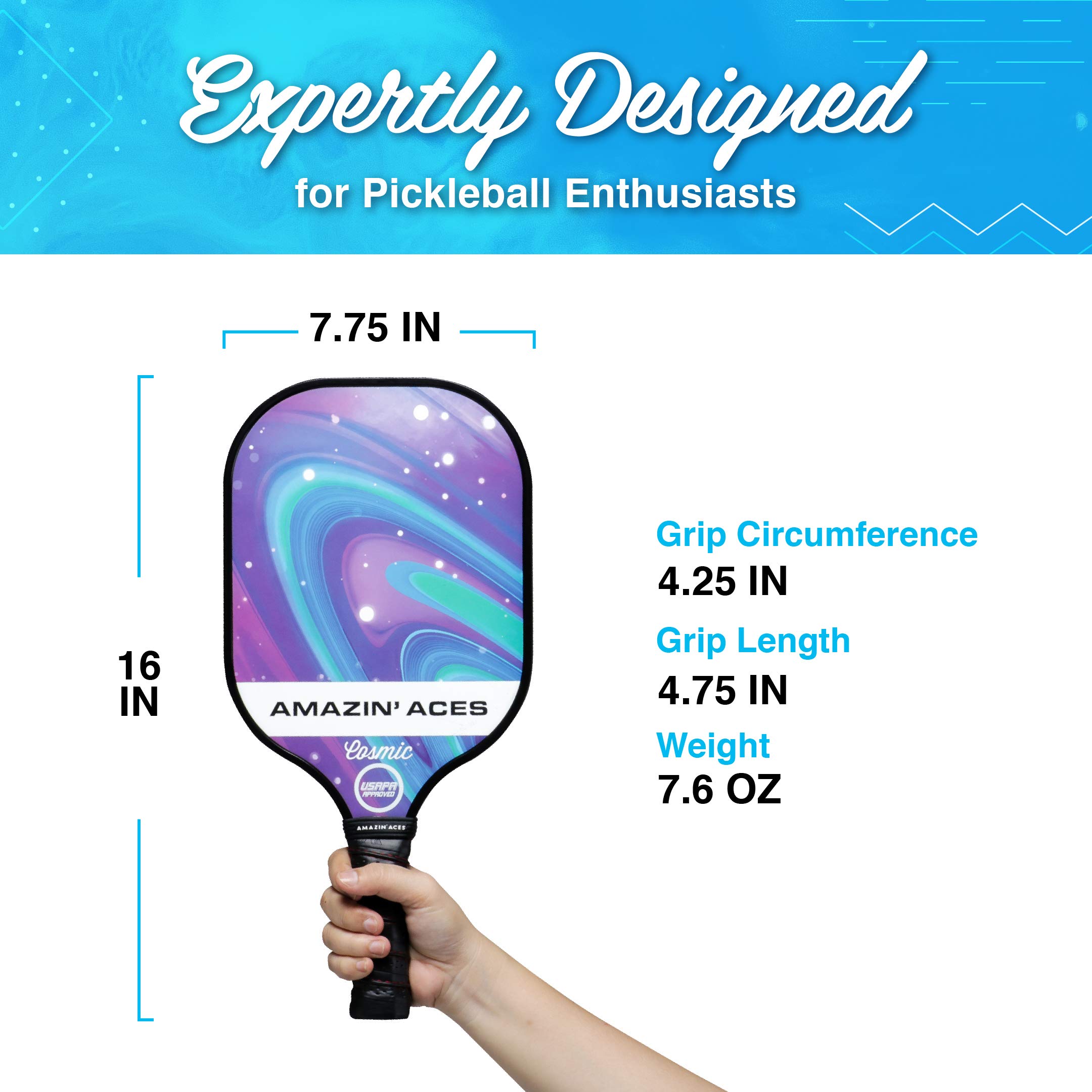 Amazin' Aces Cosmic Pickleball Paddles Set of 2, Pickleball Rackets w/ 4 Pickleball Outdoor Balls & 1 Pickleball Bag, for Sports & Outdoors Fun, USAPA Approved