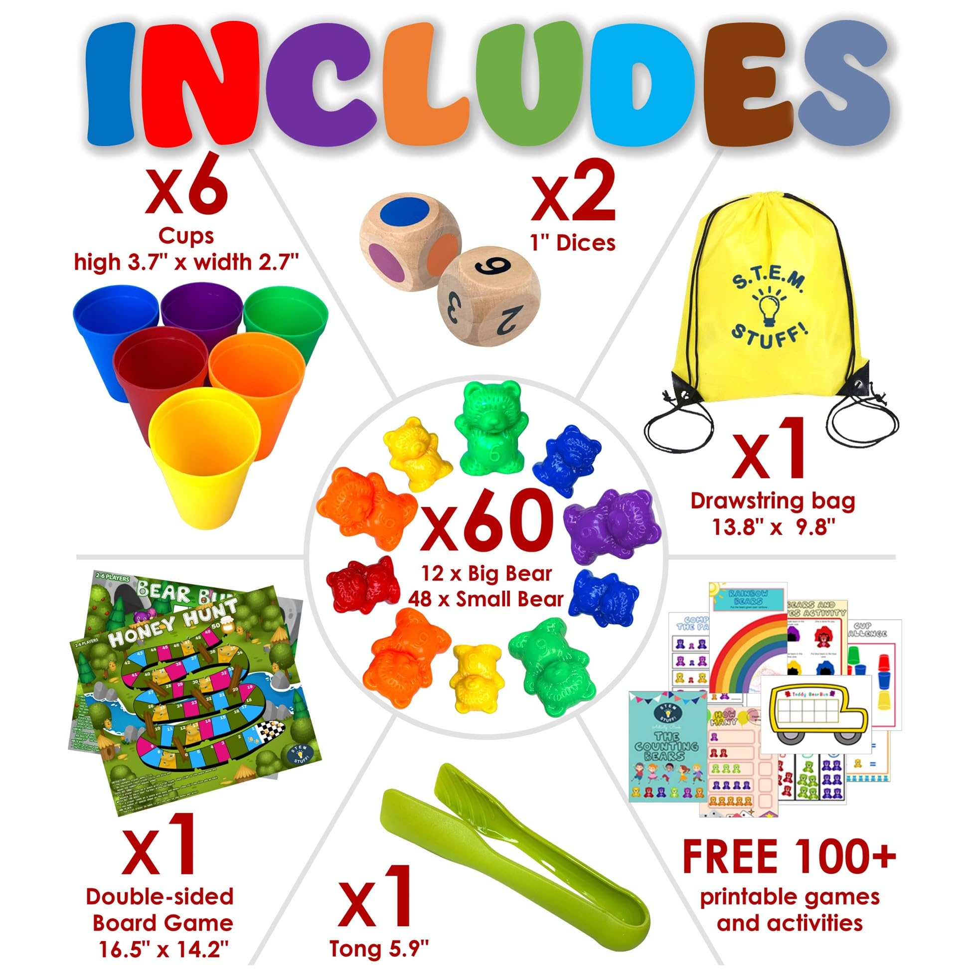 Counting Bears - Math Manipulatives Preschool Learning Activities - Learn Addition, Subtraction, Colors, Sorting and Stacking - STEM Toys for PreK to Kindergarten Toddler Boys and Girls Ages 3+