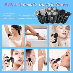 Electric Shaver for Women 5 in 1 Beauty Shavers Set for Whole Body, Legs,Underarms, with Face Cleansing Brush, Hair Clipper and Nose Hair Trimmer, Rechargeable Cordless Fast Charge Razor Wet Dry Use