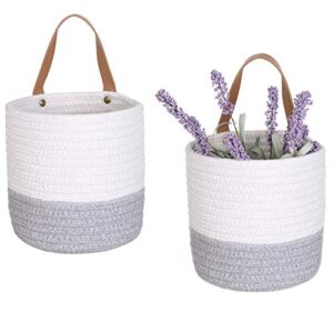 2pack small hanging basket-cotton rope wall basket with handle, hanging storage basket, shelf baskets storage bin closet organizer 6"×6.3", woven plant basket - (white & grey)