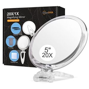 5 inch magnifying mirror 20x with blackhead tweezer kit, handheld mirror with handle, portable magnified mirror with eyebrow plucking tweezers, foldable, double sided, transparent