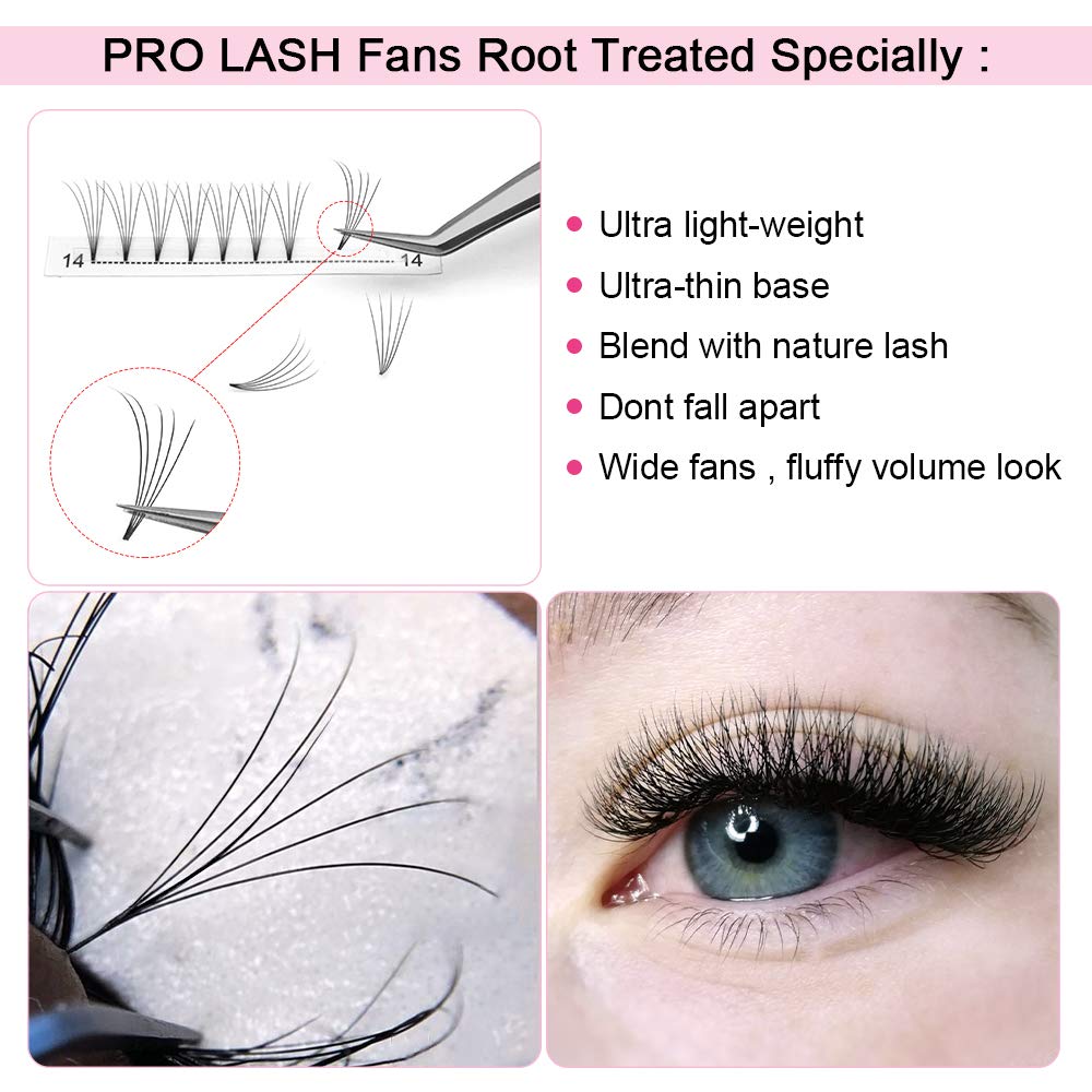 PRO LASHBEAUTY Premade Volume Eyelash Extensions 5D, D Curl, 0.10mm, 14mm, Vegan, Individual, False Eyelash Extensions