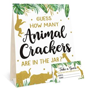 gold safari baby shower decorations supplies guess how many animal crackers game with standing sign 30 cards