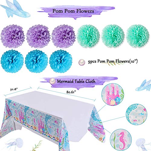 Mermaid Party Supplies,Girls Birthday Party Decorations, Contain a Mermaid Banner, 9 Tissue Pom Poms, 2 Foil Curtains, 12 Cupcake Toppers and Balloons, Great for Girls Birthday Party