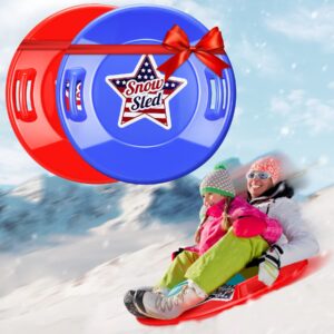27” 2 pack snow sled for kids heavy-duty downhill plastic sled cold resistant toboggan sled outdoor 1-2 rider snow sleds for adults durable saucer sleds with 2 handles round sled discs for winter