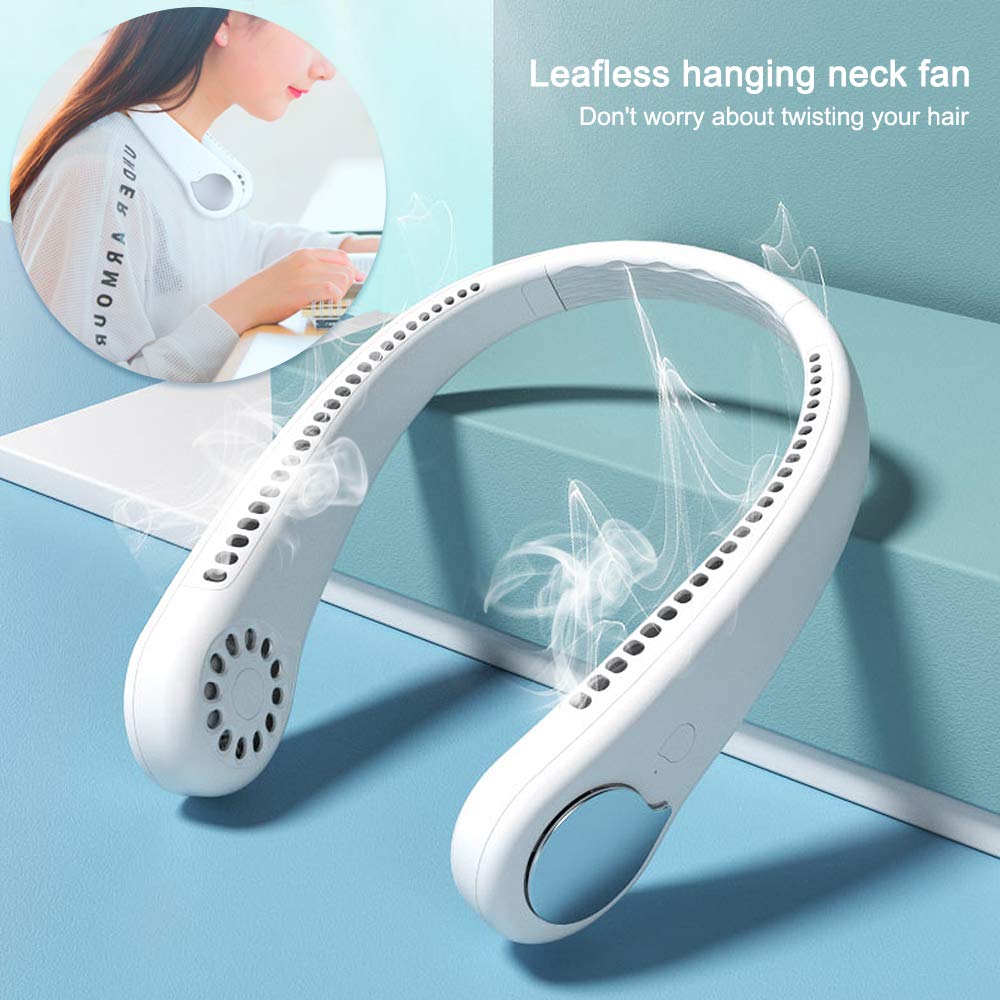 Hanging Neck Fan, Hand Free Leafless Neckband Fan - Powerful Dual Wind Head, Adjustable 3 Speed 360 Degree& Rechargeable Wearable Necklace Fan with Long-Lasting Battery for Sports Home Outdoor