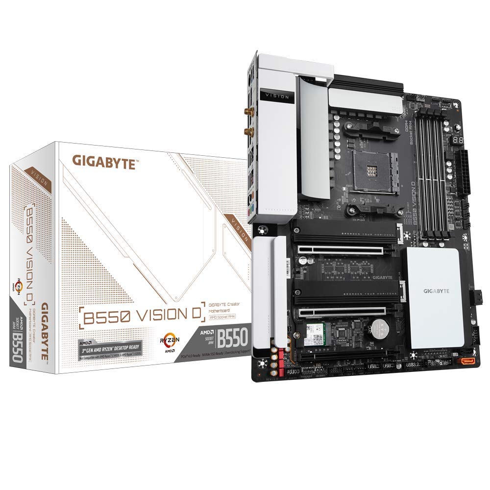 Gigabyte B550 Vision D (AMD Ryzen 5000/B550/ATX/3xPCIe 4.0/3.0/DDR4/ECC Memory/Titan Ridge/3xM.2/USB3.2 Gen 2 Type-C/Intel WiFi 6/Fully Quadro QVL Tested/Dual Intel LAN/1xHDMI 2.1/Motherboard)