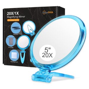 magnifying mirror 20x with stand, handheld mirror with handle, portable hand mirror with magnification, 5 inch, foldable, double sided, round, blue