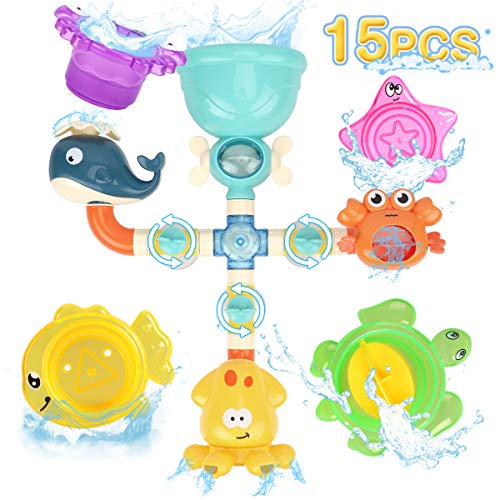 GILOBABY 15 PCS Baby Bath Toys, Animal Spinning Gear Toddler Bath Time Sensory Development Toy Set with Stacking Cup, Attaches to Any Size Tub Wall, Ideal Educational Toys for Child