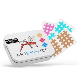 moskinto, the original, itch-relief patch, mosquito bite patches for kids & adults, instant relief natural & colorful stickers to reduce after-bite itching, family pack, 42 count