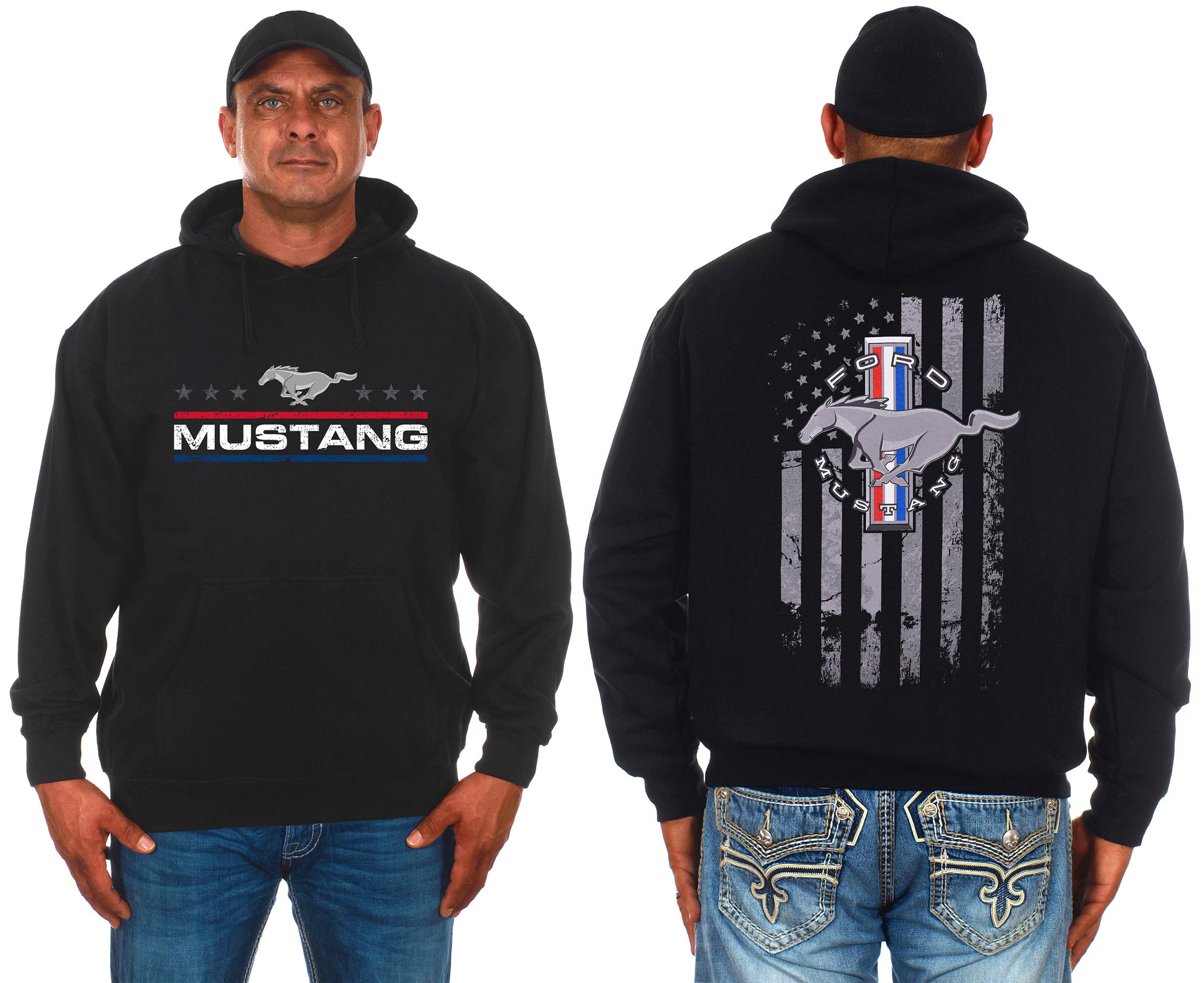 JH DESIGN GROUP Men's Ford Mustang Pullover Hoodie American Flag 2 Sided Sweatshirt (Small, Black)