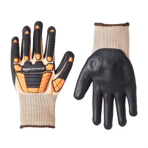 amazoncommercial 13g goldsilk & foam nitrile gloves with impact protection (orange/black), size l, 3-pairs