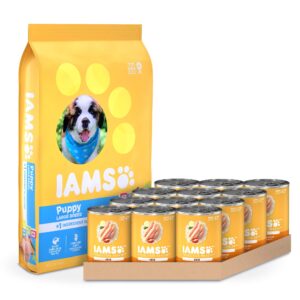 iams proactive health smart puppy dry dog food and pate wet dog food cans, chicken recipes