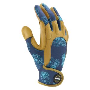 Miracle-Gro MG86213/WSM Premium Goatskin Padded Palm Gloves – Floral, Small-Medium, High Dexterity Spandex Back Gloves for Women Blue