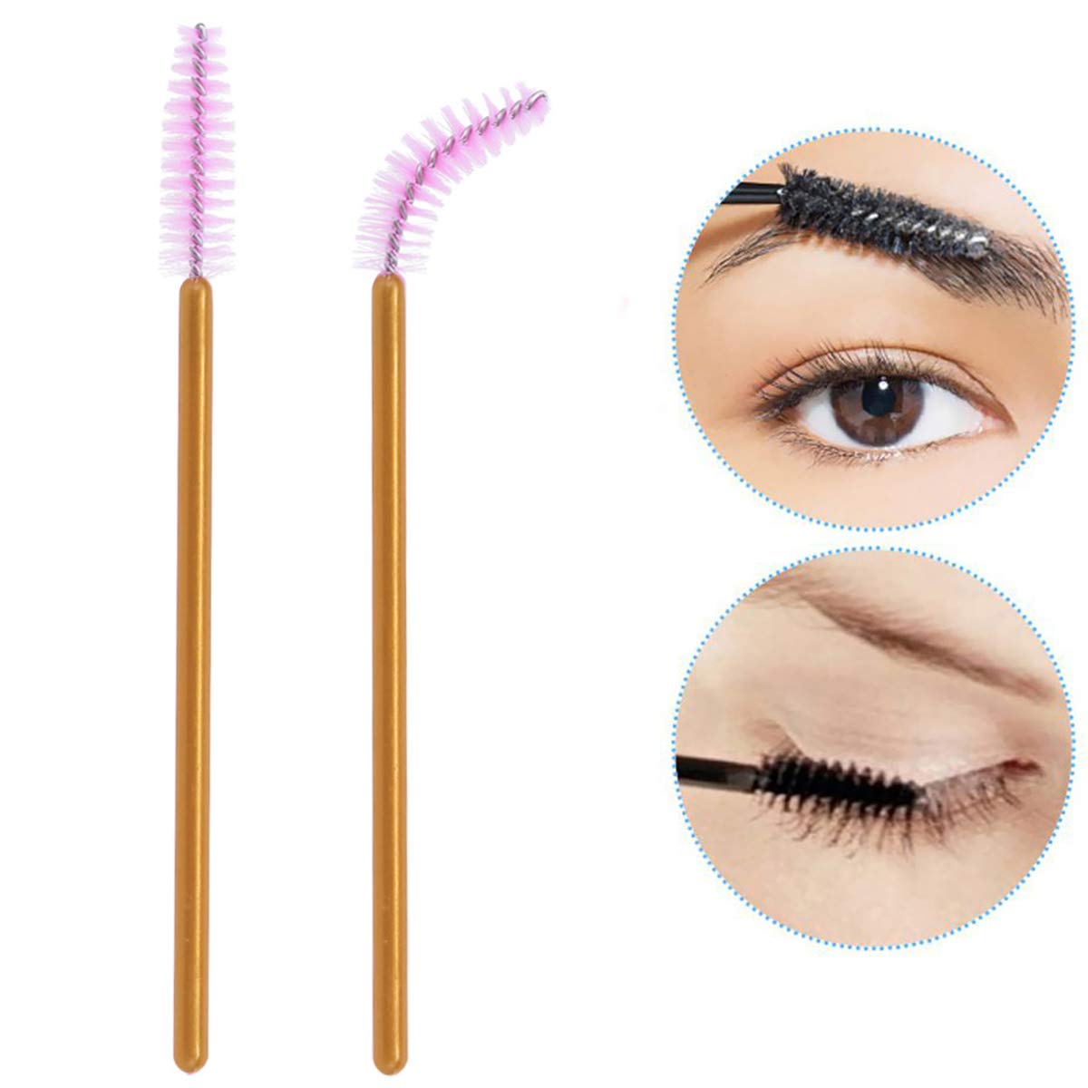 XVbond 100 PCS Disposable Eyelash Mascara Brushes Mascara Wands Applicator Eyebrow Brush, Eyelash Applicator Brush Makeup Applicators Kit (Golden-Pink)