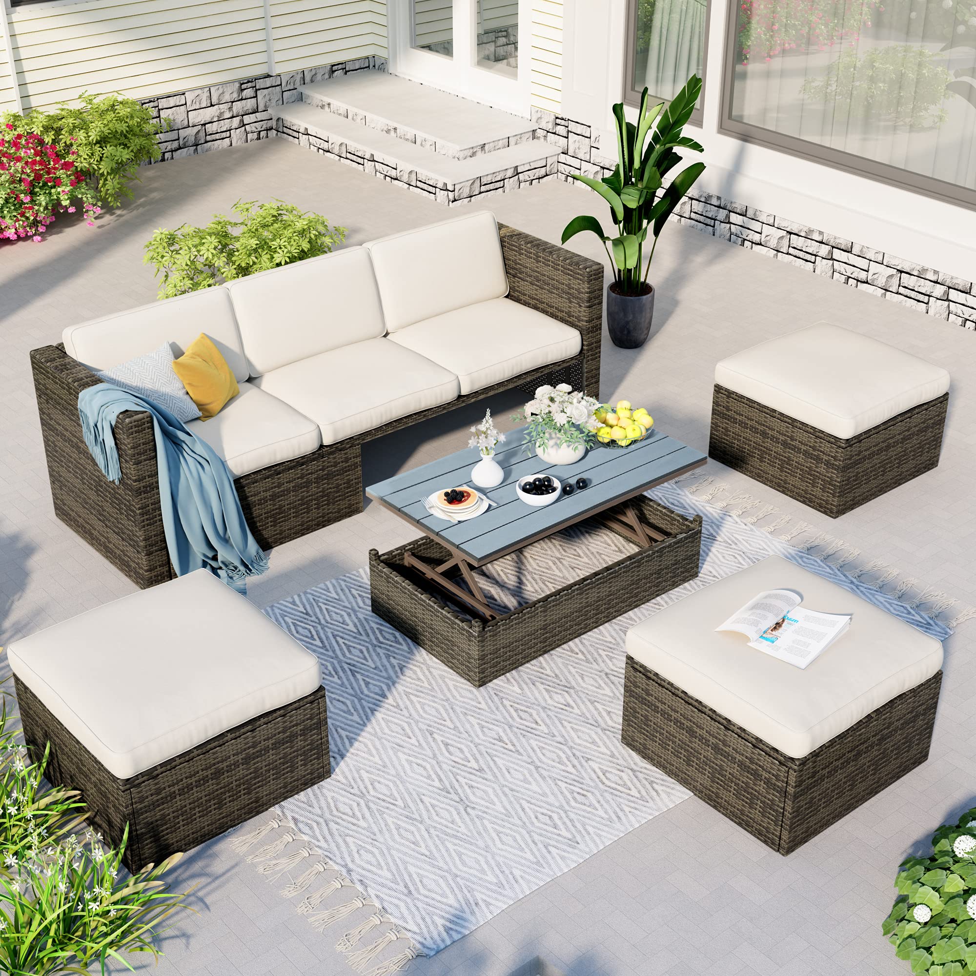 Merax U_Style Patio Furniture Sets, 5-Piece Patio Wicker Sofa with Adustable Backrest, Cushions, Ottomans and Lift Top Coffee Table