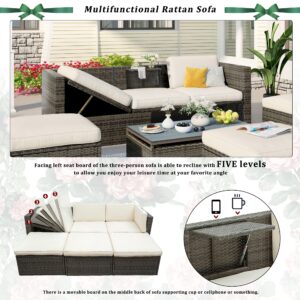 Merax U_Style Patio Furniture Sets, 5-Piece Patio Wicker Sofa with Adustable Backrest, Cushions, Ottomans and Lift Top Coffee Table